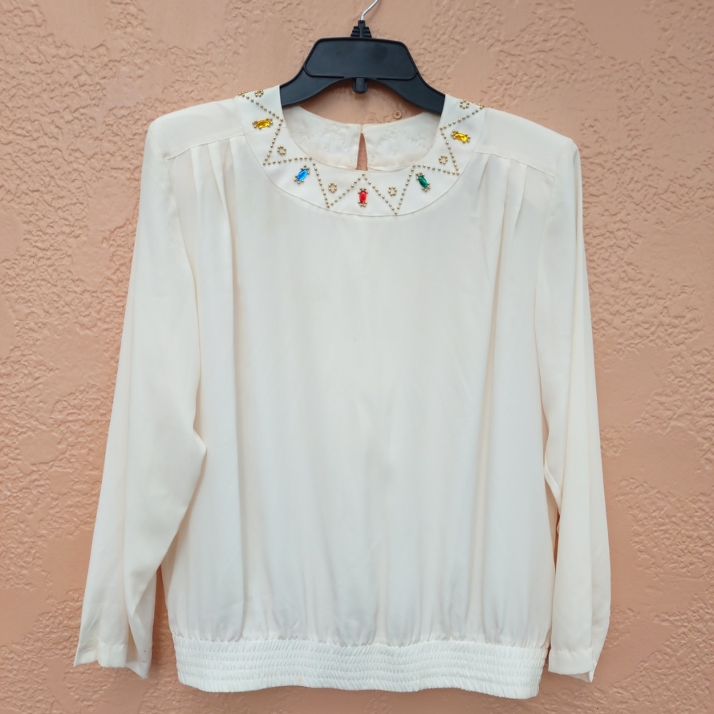 Lindsey Black Colors Stones Decoration Round Neck Long Sleeves Blouse size 14